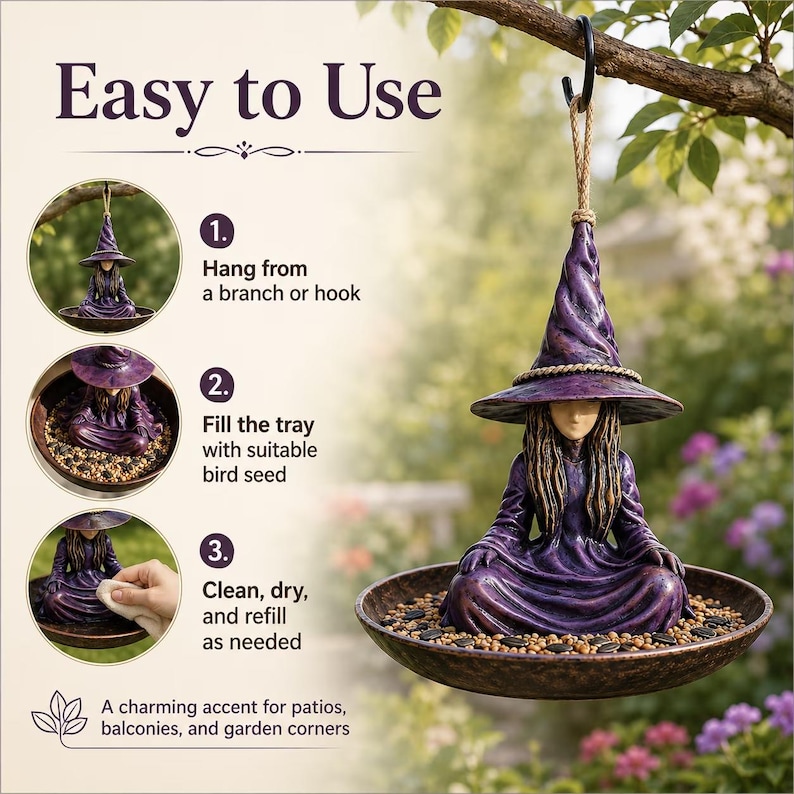 Witch Bird Feeder Resin Hanging Garden Decor, Cottagecore Fairy Garden Sculpture, Whimsical Outdoor Bird Feeder Ornament, Patio Decor image 7
