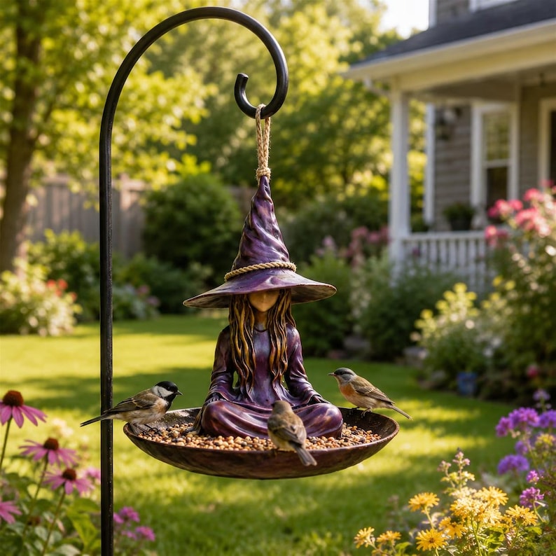 Witch Bird Feeder Resin Hanging Garden Decor, Cottagecore Fairy Garden Sculpture, Whimsical Outdoor Bird Feeder Ornament, Patio Decor image 3