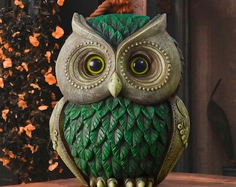 Vintage Style Owl Resin Figurine | Green & Gold Decorative Owl Statue | Wise Owl Home Decor Collectible Sculpture Gift