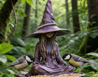 Mangiatoia per uccelli a forma di strega in resina, decorazione da giardino sospesa, scultura da giardino fatato in stile cottagecore, ornamento stravagante per mangiatoia da esterno, decorazione per patio.