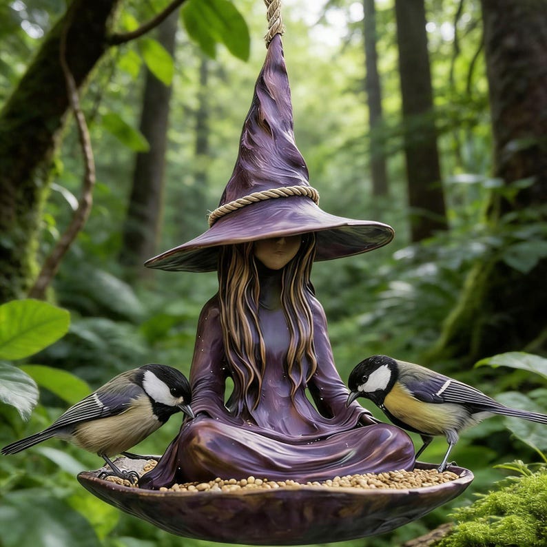May include: A hanging bird feeder shaped like a figure wearing a purple pointed hat and robe, sitting in a meditative pose. The figure holds a wide, shallow bowl filled with birdseed, with two small black, white, and yellow birds perched on the rim.