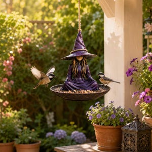 Witch Bird Feeder Resin Hanging Garden Decor, Cottagecore Fairy Garden Sculpture, Whimsical Outdoor Bird Feeder Ornament, Patio Decor image 5