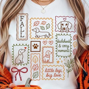 Può includere: Una t-shirt bianca con una stampa grafica in stile francobollo che include bassotti, foglie autunnali e il testo "FALL", "dachshunds & cozy moments" e "little legs, big love" in inchiostri di colore arancione, marrone e verde.