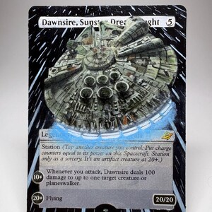 May include: A rectangular trading card featuring a hand-painted illustration of a circular spacecraft against a black background with white motion streaks. The card displays the text Dawnswire, Sunst Dreadnought, 5, Legend, Station, 10+, 20+, and 20/20.