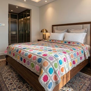 May include: A crochet blanket featuring a repeating pattern of colorful circular motifs in shades of pink, orange, yellow, green, and blue, each framed by a light gray square border, draped over a bed with white pillows and a wooden headboard.