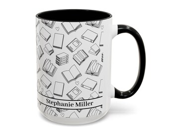Minimalist black and white book design personalized mug - All-over print book pattern mug with custom name - Morning reading bookish mug