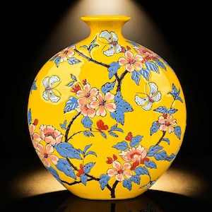 Hand Painted Porcelain Vase, Enamel Floral Ceramic, Traditional Overglaze Decor, Living Room Centerpiece