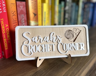 Personalized Crochet Corner Sign: Maple Wood & White Acrylic