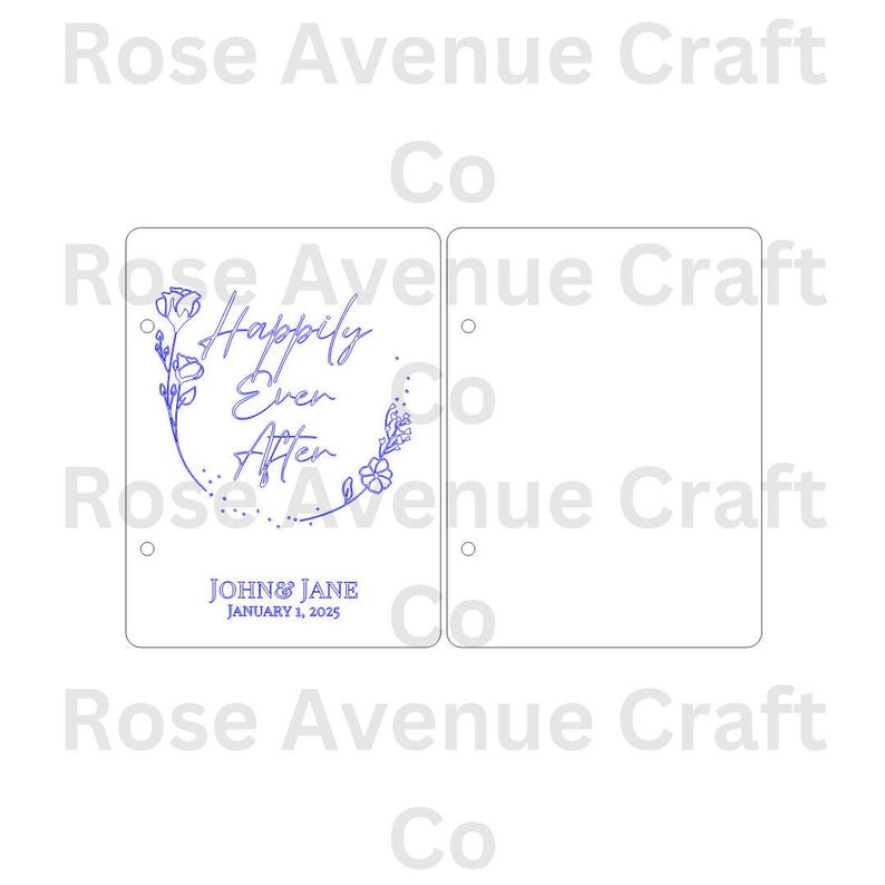Puede incluir: Una tarjeta blanca con un dise&ntilde;o floral azul y el texto "Happily Ever After" con los nombres "John & Jane" y la fecha "January 1, 2025".