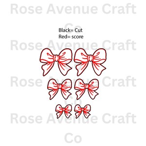 May include: Five red and white bow cut files. The bows are different sizes. The text "Black= Cut Red= score" is at the top of the image.