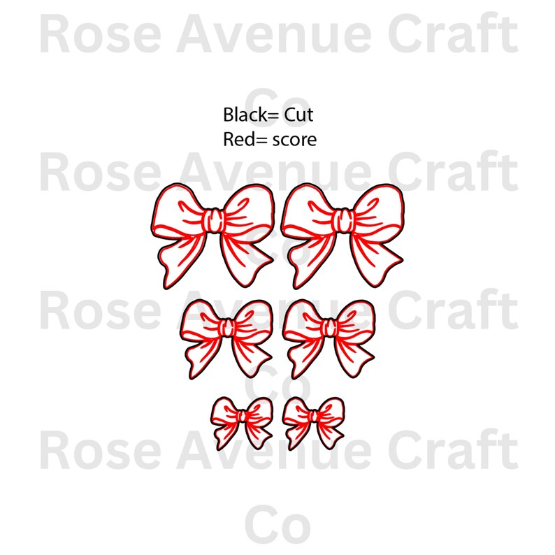 May include: Five red and white bow cut files. The bows are different sizes. The text "Black= Cut Red= score" is at the top of the image.