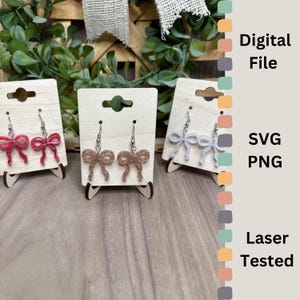 Brincos pendentes com laço coquete SVG - Arquivo cortado a laser com cartão porta-brincos - Laços de 1 polegada para fabricantes de joias - Testado para impressoras a laser