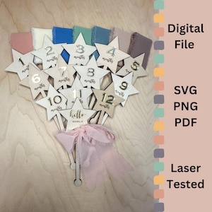 Star Wand Milestone Photo Prop SVG - 13 modèles pour nouveau-né à un an - Glowforge et testé au laser - Options de gravure ou de superposition