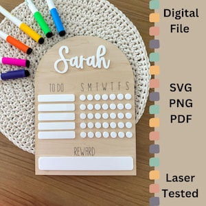 週ごとの責任表 SVG | レーザーカットのアーチ型雑用ボード ファイル | パーソナライズされた子供用報酬表 | アクリルと木のデザイン