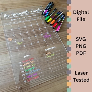 Wiederverwendbarer Acryl-Monatskalender SVG - 11x17-Kühlschrankplaner mit Speiseplan und Einkaufsliste - bearbeitbares Design mit Magnetlöchern