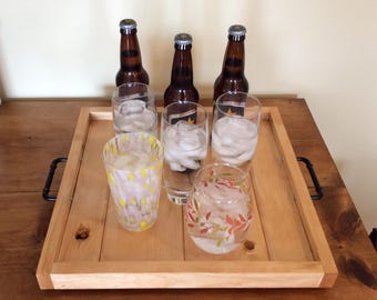 Wooden Serving Tray with Metal Handles - Pinewood - 15.5" x 16" x 1.75"