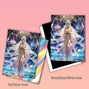 May include: Two stacks of standard size card sleeves measuring 66mm x 91mm (2.6 inch x 3.6 inch). One stack features a foil finish with a silver inner, while the other has a matte finish with a black and white inner. Both display a fantasy illustration of a long-haired figure in a flowing white dress standing before a cosmic archway.