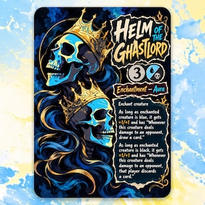 May include: A rectangular game card titled Helm of the Ghastlord featuring two blue skulls wearing gold crowns against a dark blue background. The card text details enchantment aura rules, including +1/+1 bonuses and card draw or discard effects.