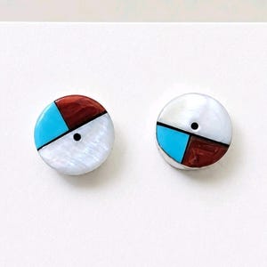Zuni Handmade Sterling Silber Inlay Ohrstecker | Türkis Muschel Koralle Rund Schmuck der amerikanischen Ureinwohner | 925 Post Ohrringe