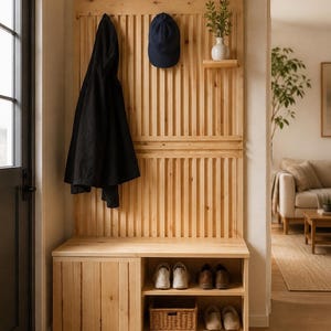 Può includere: Una panca in legno per l'ingresso con un pannello posteriore a doghe. Un cappotto nero è appeso al pannello, con un berretto blu navy e un piccolo vaso con verde. La panca ha un armadietto e ripiani aperti con scarpe e un cestino intrecciato.