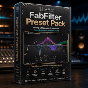 May include: A black FabFilter Preset Pack box with gold lettering. The box displays the product name, "FabFilter Preset Pack", and features a graphic of audio mixing software. The box also lists features like EQ presets, compression presets, and mastering chains.