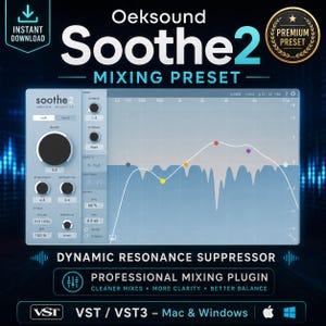 May include: A digital audio plugin interface for Soothe2, a dynamic resonance suppressor. The interface features a blue and white design with various controls, including attack, release, and sharpness. Text includes "Mixing Preset" and "Professional Mixing Plugin".