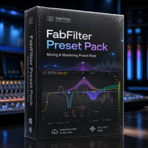 May include: A black box for FabFilter Preset Pack software. The front of the box displays the product name in white and purple, with the tagline "Mixing & Mastering Preset Pack." The box also features a graphic of the Pro-Q interface and the text "Instant Download for Win/Mac."