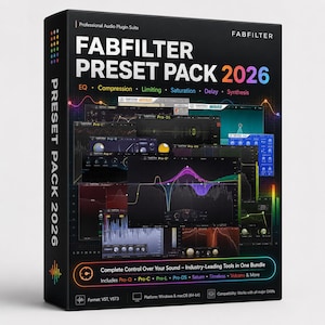 Könnte beinhalten: Eine schwarze Box für das FabFilter Preset Pack 2026, eine professionelle Audio-Plugin-Suite. Die Box zeigt den Produktnamen in großen weißen Buchstaben, mit den Wörtern "EQ, Compression, Limiting, Saturation, Delay, Synthesis" darunter. Die Box enthält auch eine Vielzahl von Screenshots der Softwareoberfläche.
