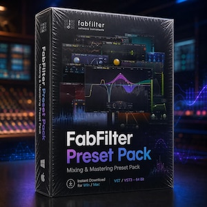May include: A black box with the text "FabFilter Preset Pack" in white and purple. The box displays software interface screenshots. The text "Mixing & Mastering Preset Pack" is also visible. The box is shrink-wrapped in clear plastic.