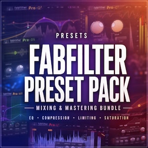 May include: A digital graphic for a FabFilter Preset Pack mixing and mastering bundle. The text reads PRESETS FABFILTER PRESET PACK MIXING & MASTERING BUNDLE EQ • COMPRESSION • LIMITING • SATURATION. The background features blurred audio plugin interfaces.