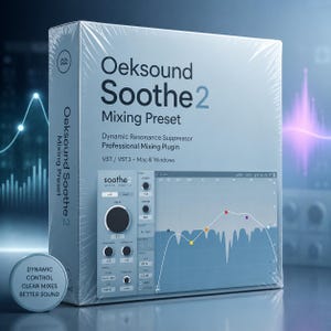 May include: A wrapped box for the Oeksound Soothe 2 Mixing Preset. The box is light blue with white text and graphics. The text includes "Dynamic Resonance Suppressor" and "Professional Mixing Plugin". A graphic of a sound wave is visible on the box.