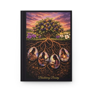 May include: A hardcover journal with a vibrant illustration. The cover features a tree with blackberries, roots, and four figures in oval shapes. The text "Blackberry Beauty" is at the bottom. The background shows a sunset and flowers.