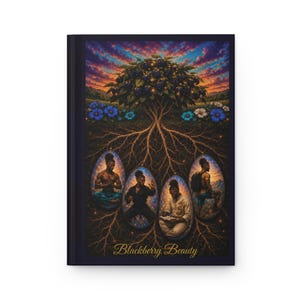 May include: A hardcover journal with a vibrant illustration. The cover features a tree with a sunset background and four figures in oval shapes. The text "Blackberry Beauty" is written in gold script at the bottom.