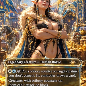 May include: A trading card titled Gwafa Hazid, Profiteer featuring a fantasy illustration of an elf-like figure with pointed ears, wearing a black outfit with gold jewelry and a fur-trimmed cape, standing amidst gold coins and blue tents.