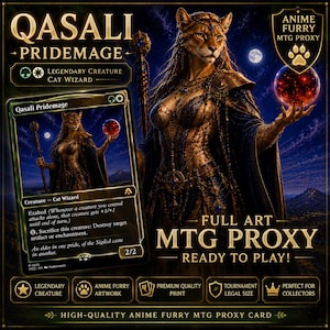Puede incluir: Una carta proxy MTG Qasali Pridemage con un personaje de gato mago de pelaje dorado, que lleva una armadura ornamentada y sostiene un orbe rojo brillante. La carta muestra el texto Qasali Pridemage, Legendary Creature, Cat Wizard y Exalted.
