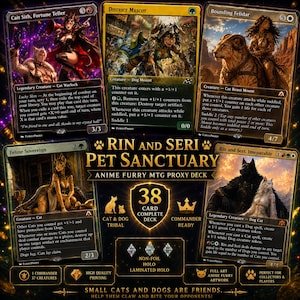 Pode incluir: Um baralho de 38 cartas Magic the Gathering intitulado Rin and Seri Pet Sanctuary. O conjunto apresenta ilustrações em estilo anime de criaturas felinas e caninas em cartas como Cait Sith, District Mascot, Bounding Felidar e Feline Sovereign.
