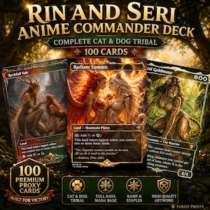 May include: A 100-card anime-style commander deck featuring cat and dog tribal themes. The set includes cards like Rockfall Vale, Radiant Summit, and Jazal Goldmane with high-quality artwork. The packaging highlights 100 premium proxy cards, a full Naya mana base, and ramp staples for gameplay.