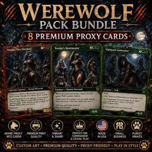 May include: A Werewolf Pack Bundle featuring 8 premium proxy cards, including Tovolar, Dire Overlord, Tovolar's Huntmaster, and Nightpack Ambusher. The cards display dark, detailed fantasy artwork of werewolf creatures in a forest setting.