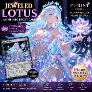 May include: A rectangular trading card featuring an anime-style elf character with long light blue hair, wearing a crystal-adorned outfit and holding a glowing lotus flower. The card text reads Jeweled Lotus, Commander Staple, 0 Mana Artifact.