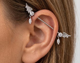 Piercing industriale a forma di ali di pipistrello in acciaio al titanio 14G / 38 mm, piercing gotico a goccia con zirconi cubici, filettatura esterna, per cartilagine, elice, conchiglia (1 pezzo)