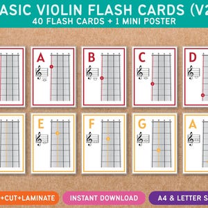 Może przedstawiać: Zestaw fiszek do nauki gry na skrzypcach z tekstem "BASIC VIOLIN FLASH CARDS (V2)" i "40 FLASH CARDS + 1 MINI POSTER". Każda karta przedstawia diagram gryfu skrzypiec z nutą i literą. Karty są w czerwonych i żółtych ramkach.