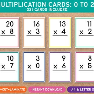 Könnte beinhalten: Lehrreiche Multiplikationskarten mit Zahlen von 0 bis 20. Die Karten zeigen Multiplikationsaufgaben mit Lösungen. Die Karten haben farbige Ränder und den Text "MULTIPLICATION CARDS: 0 TO 20" und "231 CARDS INCLUDED" oben.