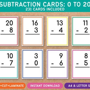 Subtraktionskort - Tal 0 till 20 - Utskrivbara - Flashkort - Förskola - Hemundervisning - Pedagogiskt - Lärande genom lek