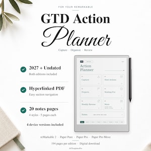 GTD Planner for reMarkable: 2027 & Undated Hyperlinked PDF Template, 4 Device Versions