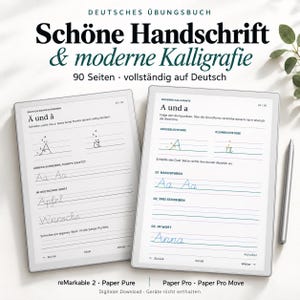Könnte beinhalten: Zwei digitale Tablets zeigen ein deutsches Übungsbuch für Schöne Handschrift & moderne Kalligrafie mit 90 Seiten. Die Bildschirme enthalten Anleitungen zum Schreiben der Buchstaben "Ä" und "A" sowie einen digitalen Eingabestift.