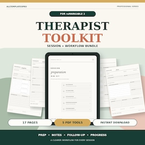 Puede incluir: Un kit de herramientas digital para terapeutas para reMarkable 2 con un paquete de sesiones y flujo de trabajo. La pantalla muestra un mini kit de preparación de sesiones con 17 páginas y 5 herramientas PDF. El texto incluye Therapist Toolkit, Session + Workflow Bundle y Prep, Notes, Follow-up, Progress.