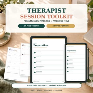 Può includere: Un kit digitale per sessioni di terapia per reMarkable Paper Pro e Paper Pro Move, con 17 pagine, 2 formati dispositivo e 5 strumenti PDF pratici. Lo schermo mostra modelli per la preparazione della sessione, progressi e appunti.