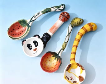 Handmade Ceramic Strawberry Spoon, Pink Purple Dessert Coffee Stirrer, Kawaii Fruit Kitchenware