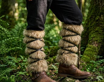 Calentadores de piernas de piel vikingos – Disfraz para LARP, cubrebotas medievales, accesorio de guerrero nórdico, vendas de piel para botas