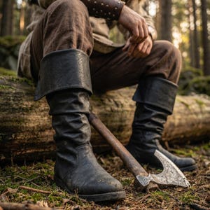 Op de afbeelding: Zwarte leren laarzen met omgeslagen schachten en een verweerde bijl met houten steel. De laarzen vertonen gebruikssporen. De bijlkop is zilverkleurig en de steel bruin, liggend op de bosgrond.